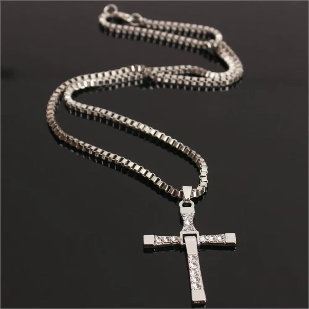 Fast and Furious 7 Moive Cross Pendant Necklace for Men Women Stainless Steel Crystal Jesus Cross Tourette Choker Jewelry Gift