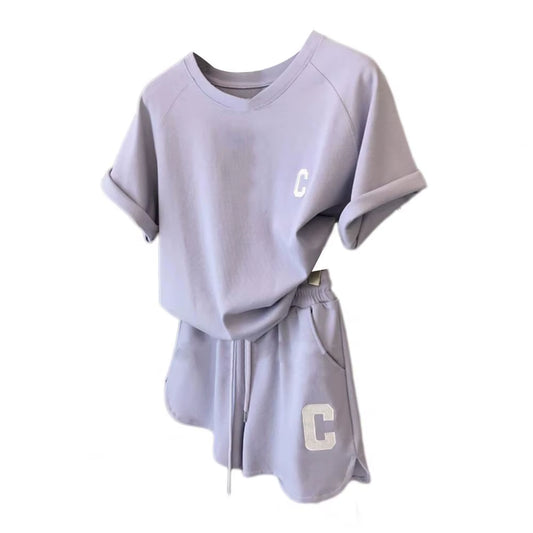 2 Pcs/Set Summer Women Tracksuit O Neck Letter Print Pure Color Short Sleeve T-Shirt Drawstring Elastic Waist Shorts for Sport