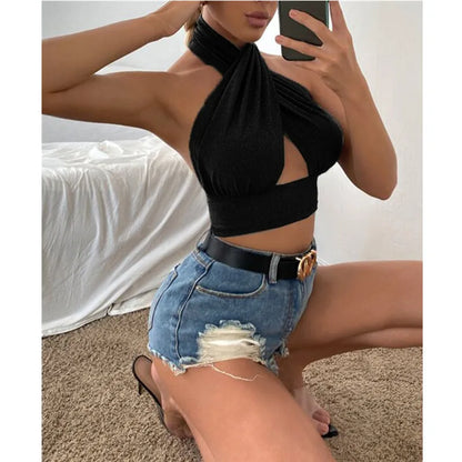 Women Summer Tank Tops Solid Cross Halter Camis Backless Crop Tops Female Camisole Cropped Top Slim Sleeveless Streetwear