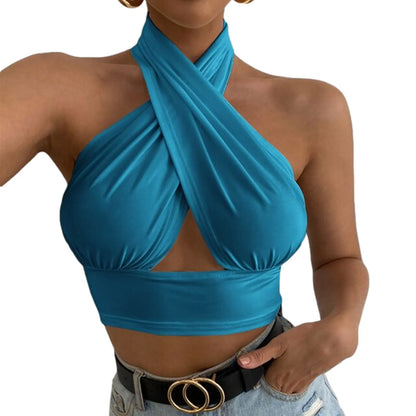 Women Summer Tank Tops Solid Cross Halter Camis Backless Crop Tops Female Camisole Cropped Top Slim Sleeveless Streetwear