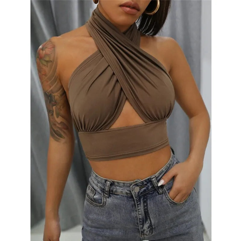 Women Summer Tank Tops Solid Cross Halter Camis Backless Crop Tops Female Camisole Cropped Top Slim Sleeveless Streetwear