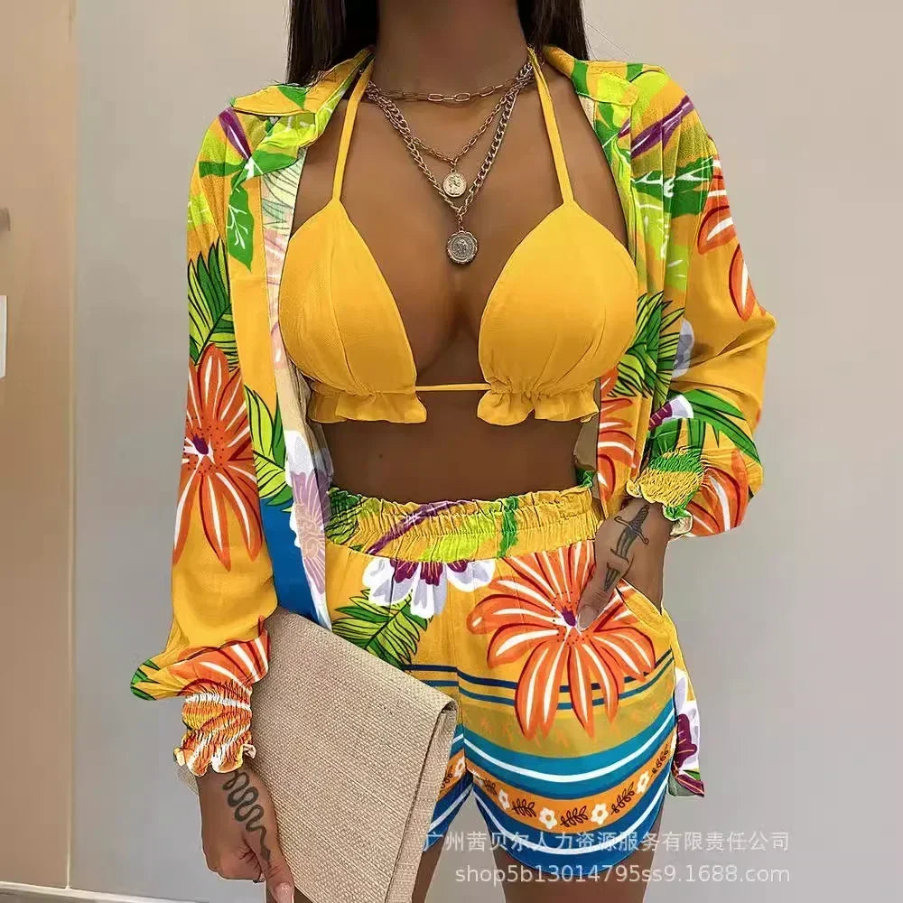 Beach Wear Summer Sexy Shirt Tops 2024 Women'S Printed Shorts Set 3-Piece Sets Outfits Straight Short Pants Bra Sets