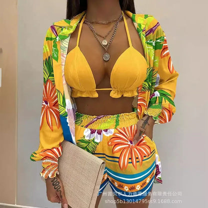 Beach Wear Summer Sexy Shirt Tops 2024 Women'S Printed Shorts Set 3-Piece Sets Outfits Straight Short Pants Bra Sets