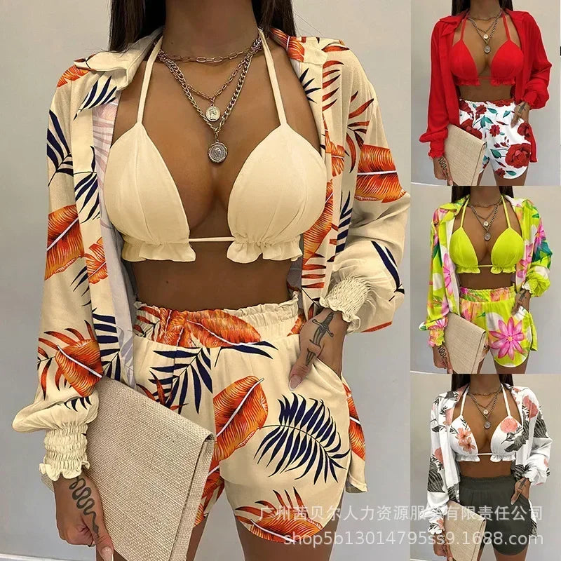 Beach Wear Summer Sexy Shirt Tops 2024 Women'S Printed Shorts Set 3-Piece Sets Outfits Straight Short Pants Bra Sets