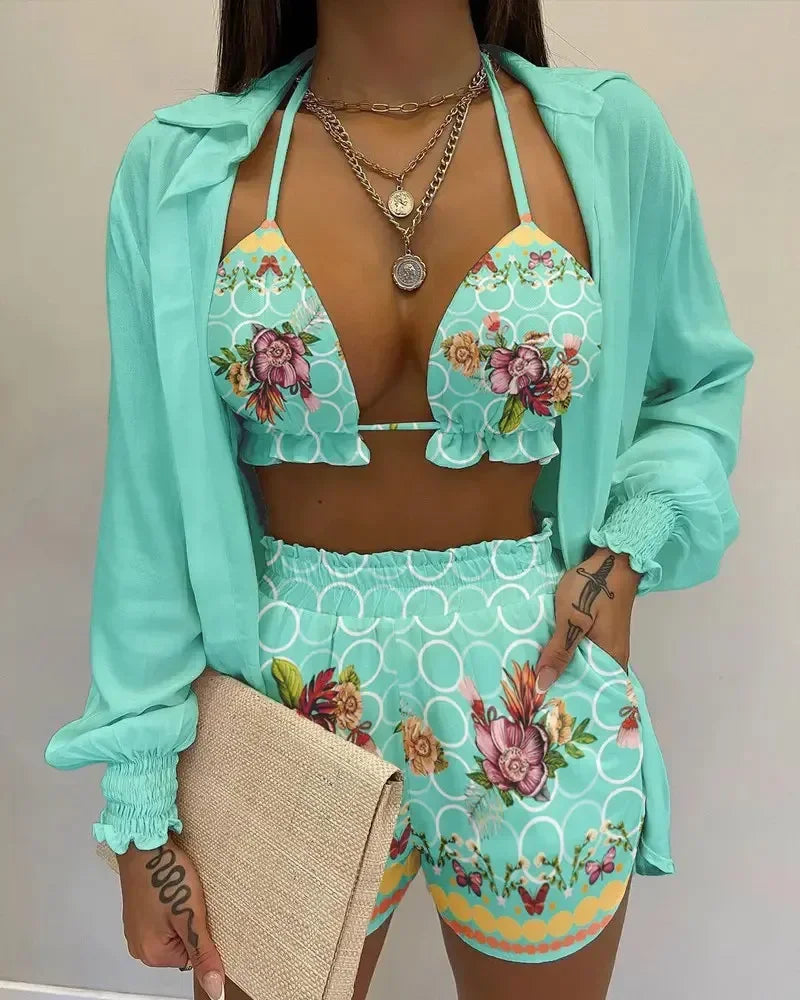 Beach Wear Summer Sexy Shirt Tops 2024 Women'S Printed Shorts Set 3-Piece Sets Outfits Straight Short Pants Bra Sets