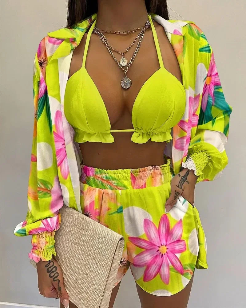 Beach Wear Summer Sexy Shirt Tops 2024 Women'S Printed Shorts Set 3-Piece Sets Outfits Straight Short Pants Bra Sets