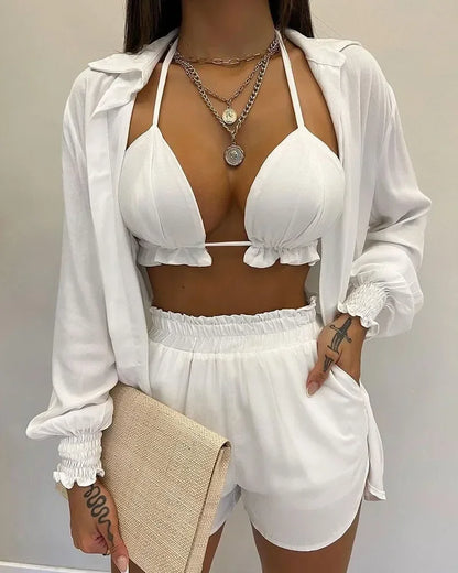 Beach Wear Summer Sexy Shirt Tops 2024 Women'S Printed Shorts Set 3-Piece Sets Outfits Straight Short Pants Bra Sets