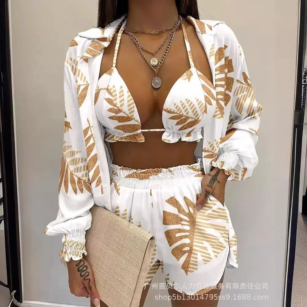 Beach Wear Summer Sexy Shirt Tops 2024 Women'S Printed Shorts Set 3-Piece Sets Outfits Straight Short Pants Bra Sets